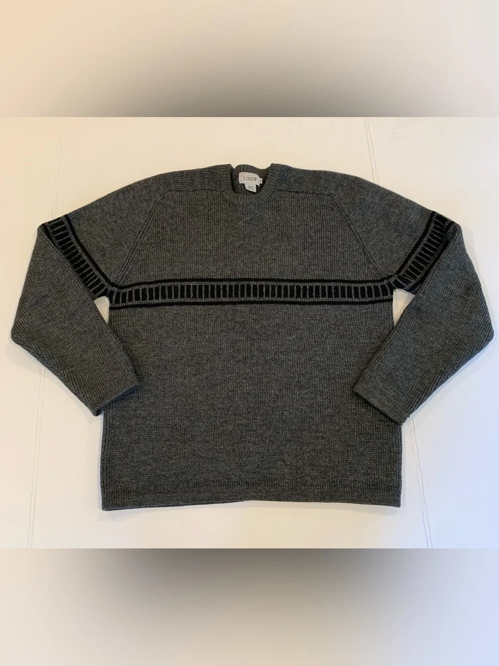 1990s J. Crew Men’s Medium Gray Thick Wool Crewneck Sweater Black Stripe Detail